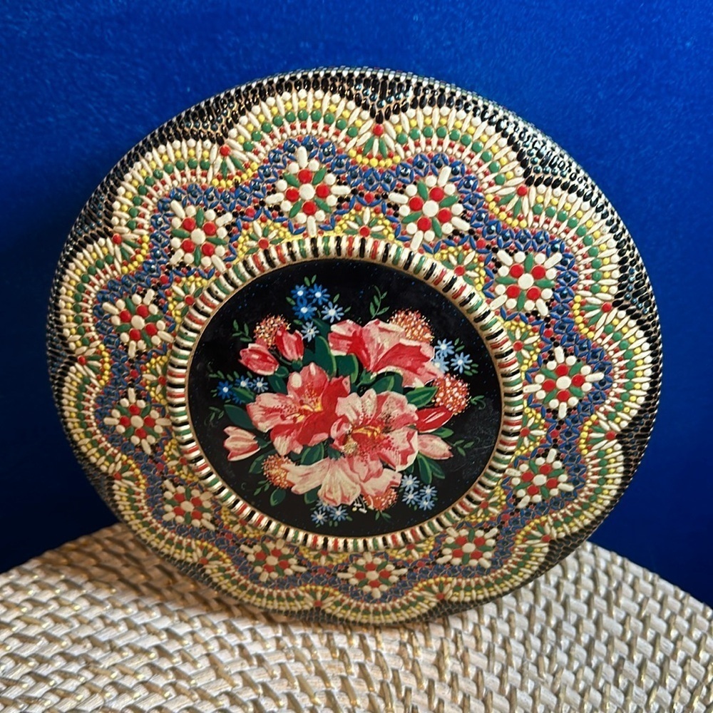 Antique Lovely Biscuit Candy Tin With Painted Flowers & Mosaics Design